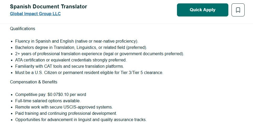 A job listing for a Spanish Document Translator, with required qualifications and compensation & benefits, including payment of up to $0.10 per word.