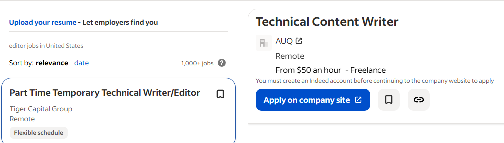 A job listing from Indeed, offering $50 an hour for a freelance Technical Content Writer/Editor.