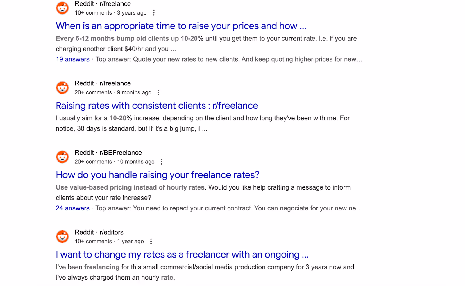 Reddit posts discussing freelance rate increases and client communication.