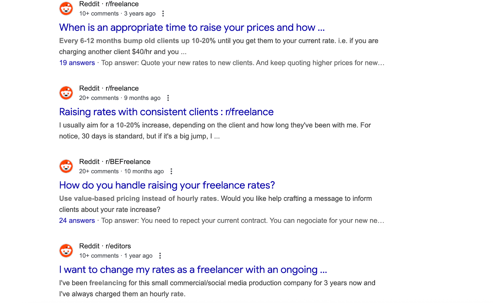 Reddit posts discussing freelance rate increases and client communication.