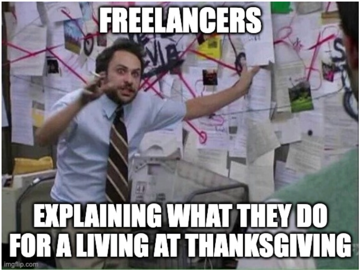It’s Always Sunny in Philadelphia conspiracy-board meme about freelancers explaining their job.