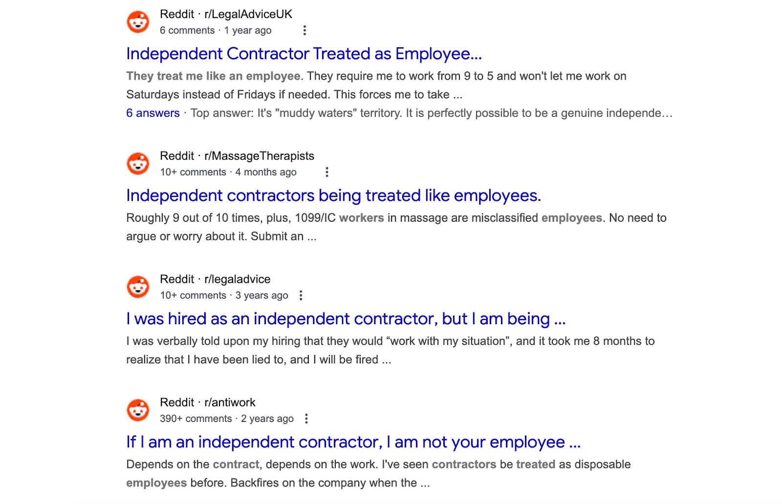 Screenshot of Reddit threads where contractors say they’re treated like employees.