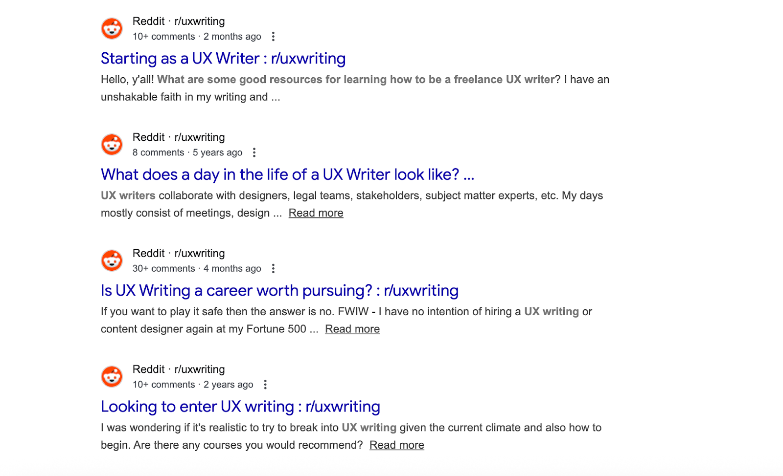 Google search results showing Reddit threads discussing UX writing careers, and freelancing.