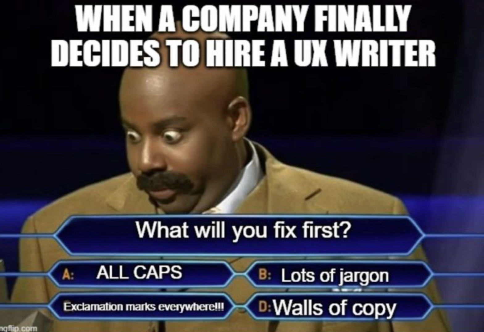 Meme illustrating common UX writing issues such as all caps text, excessive jargon, too many exclamation marks, and walls of copy