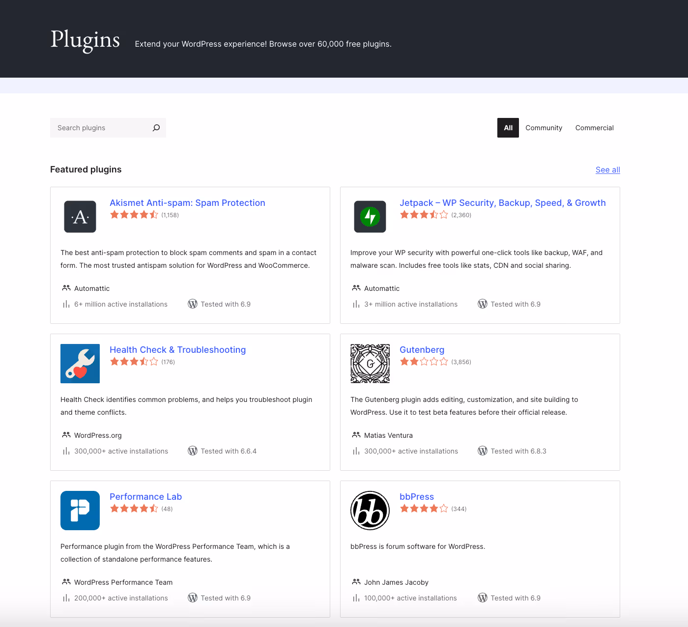 WordPress free plugin library showing featured plugins.