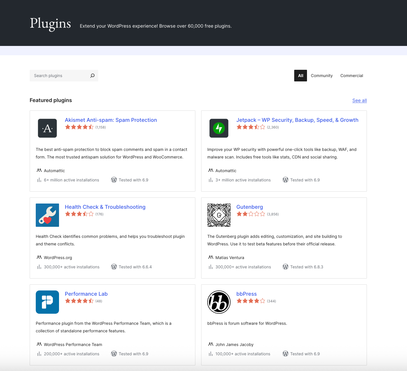 WordPress free plugin library showing featured plugins.