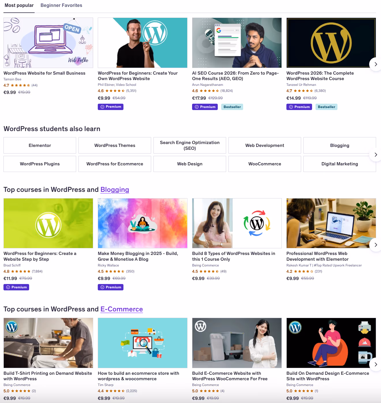 Udemy marketplace showing popular WordPress courses