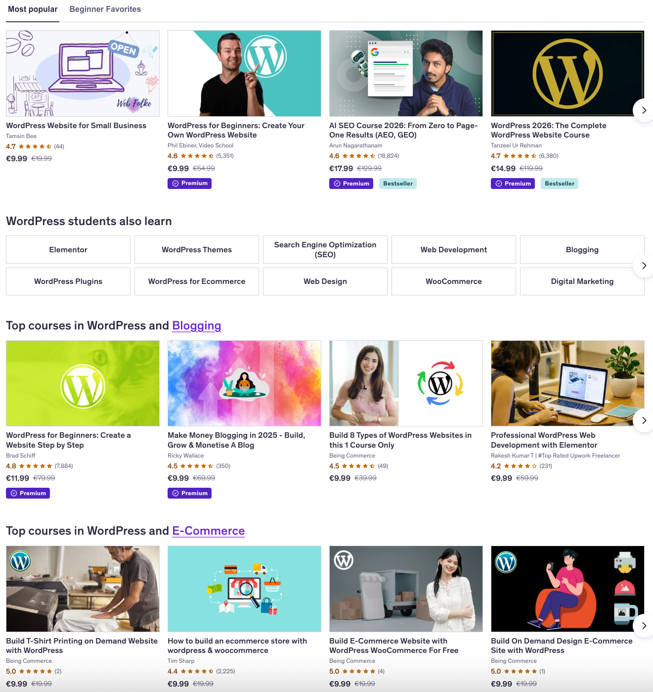 Udemy marketplace showing popular WordPress courses