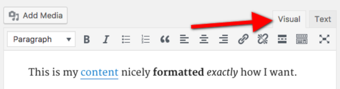 WordPress editor showing the Visual and Text editing tabs.