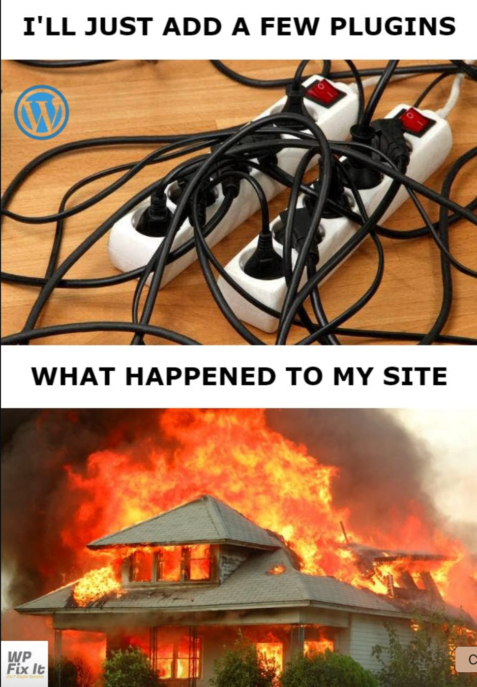 Meme illustrating WordPress plugin overload.