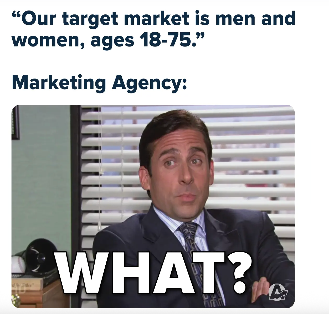Reaction meme showing confusion at an overly broad marketing target audience statement.