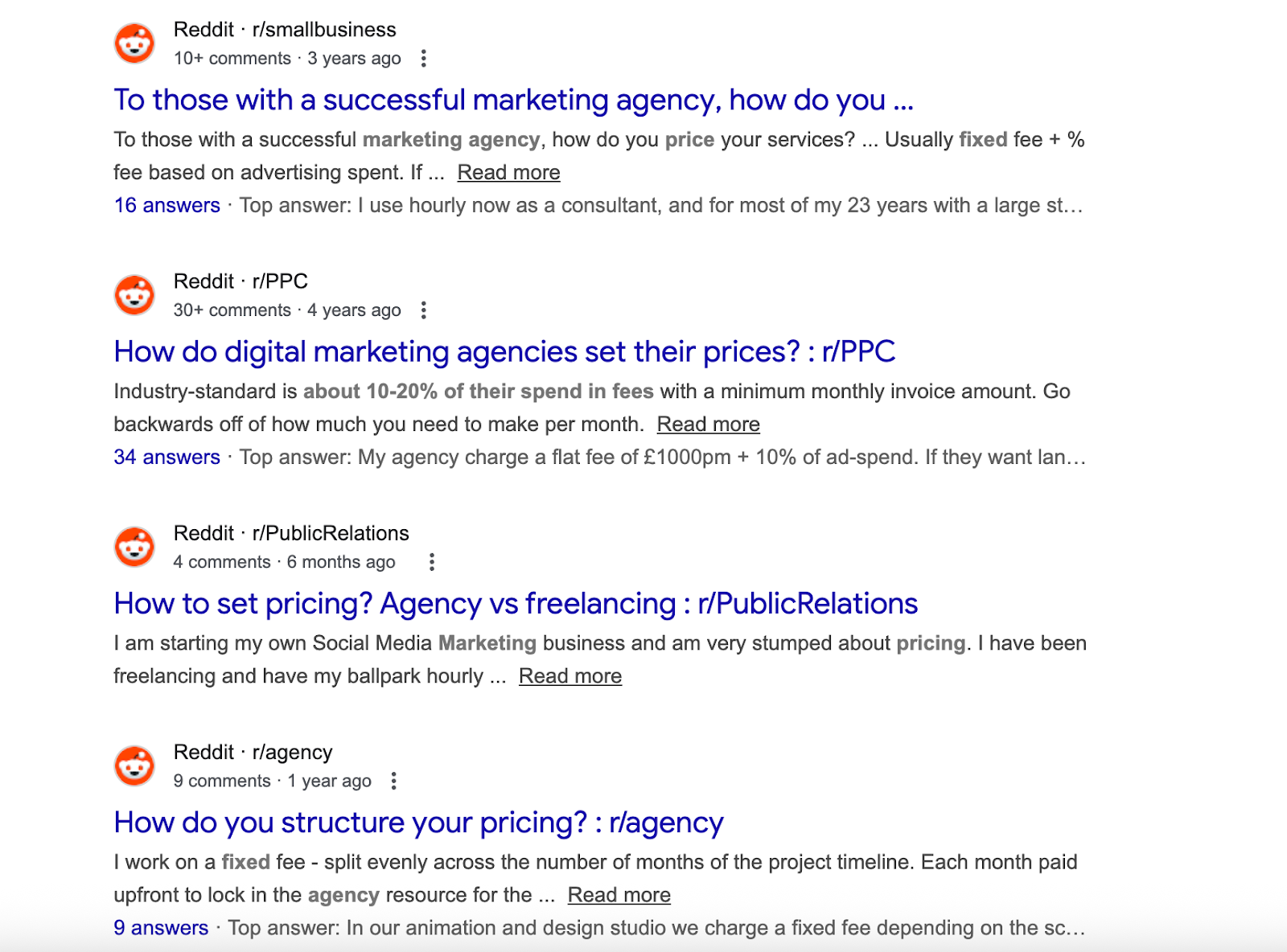 Google search results showing multiple Reddit threads about how marketing agencies set their pricing.