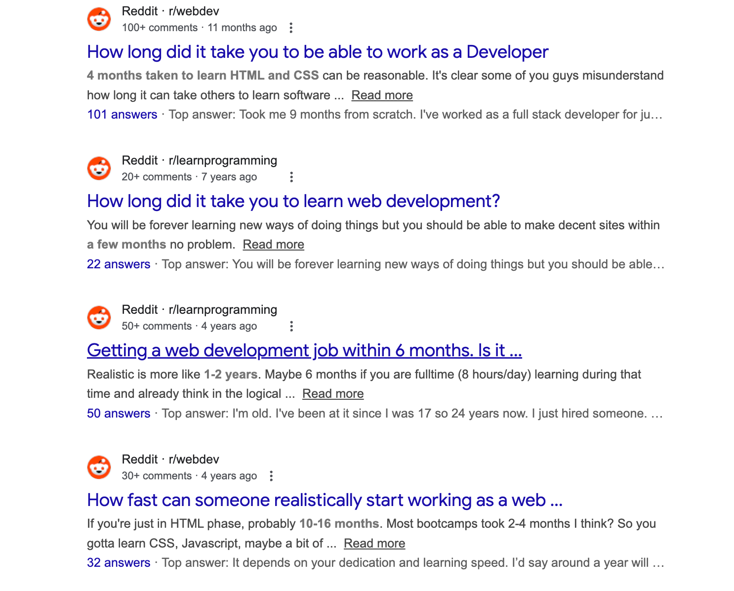 oogle search results showing Reddit threads discussing how long it takes to become a web developer.