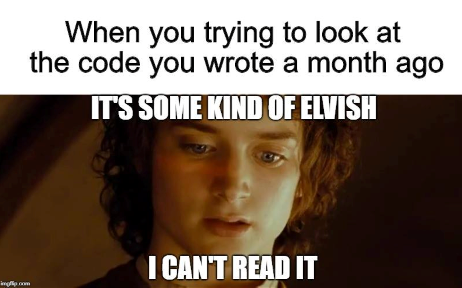 Meme about web development showing a developer struggling to understand code they wrote a month ago.