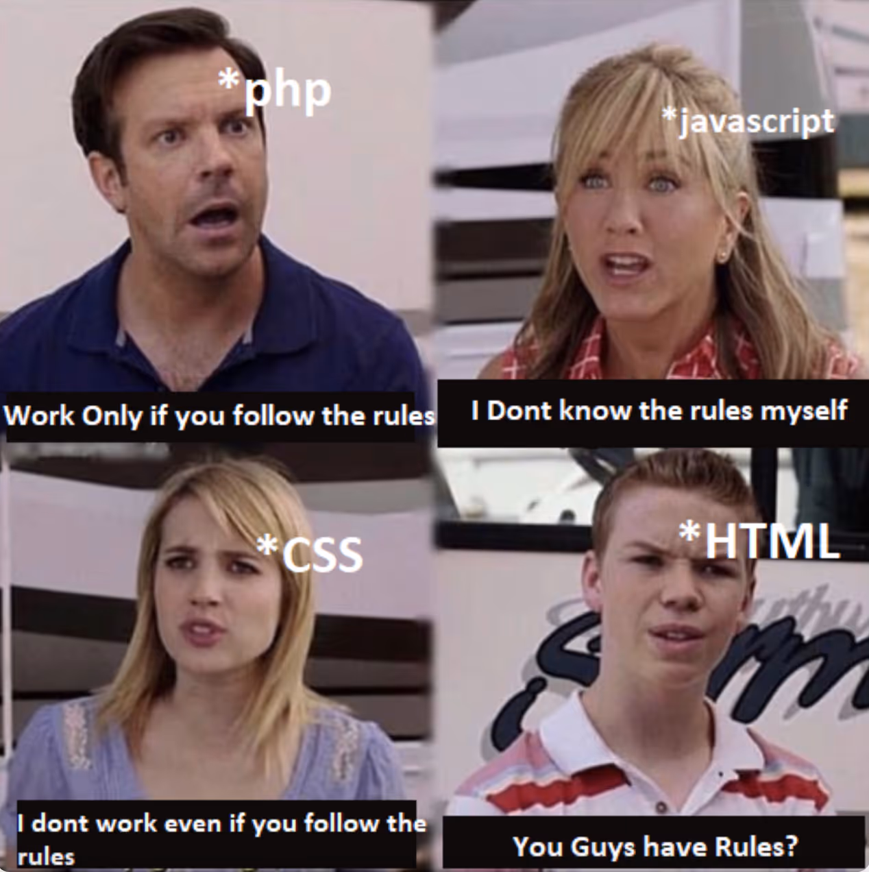 Meme showing different reactions labeled PHP, JavaScript, CSS, and HTML.
