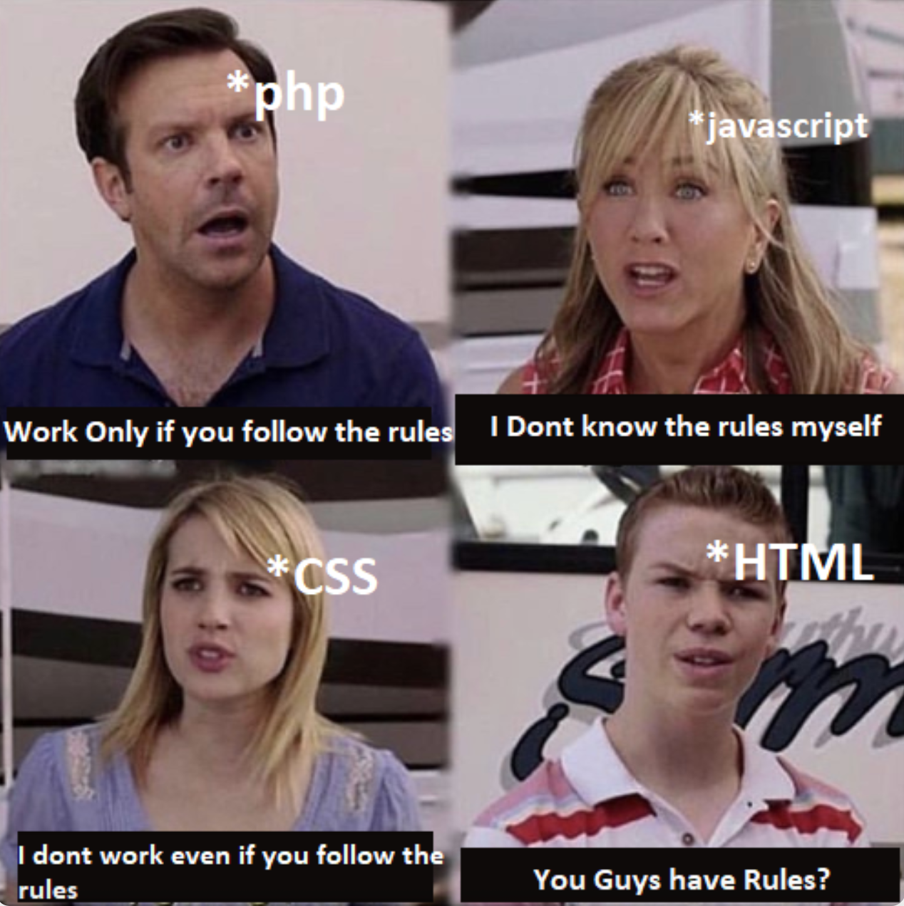 Meme showing different reactions labeled PHP, JavaScript, CSS, and HTML.