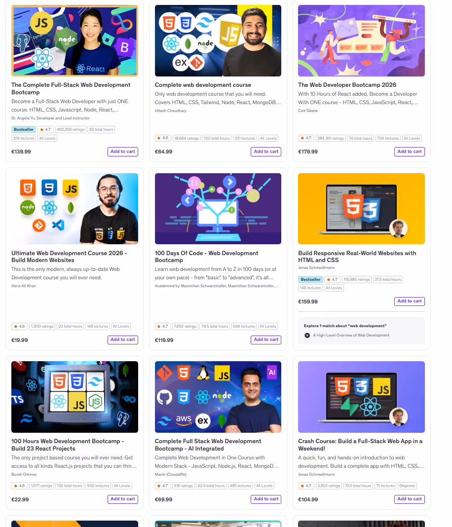 Udemy search results showing a range of web development courses and bootcamps.