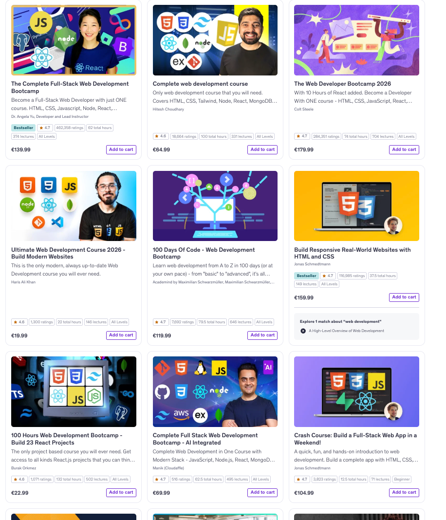 Udemy search results showing a range of web development courses and bootcamps.