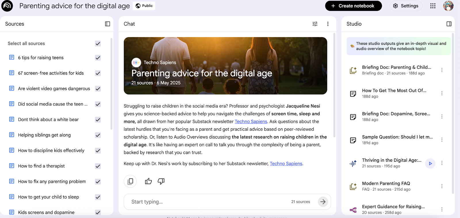 Screenshot of a featured public NotebookLM notebook by Techno Sapiens.