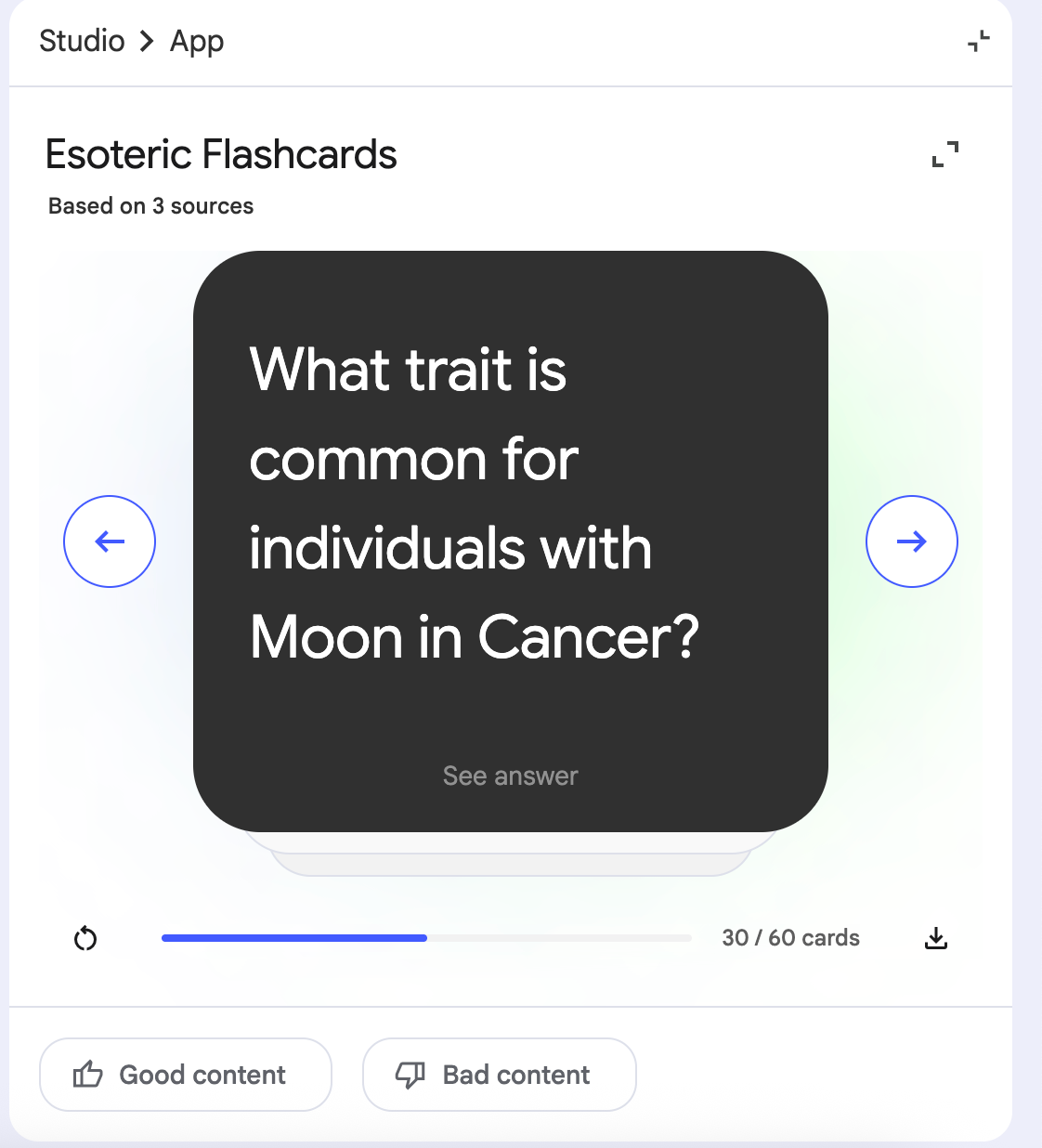 NotebookLM flashcards interface showing an AI-generated study card.