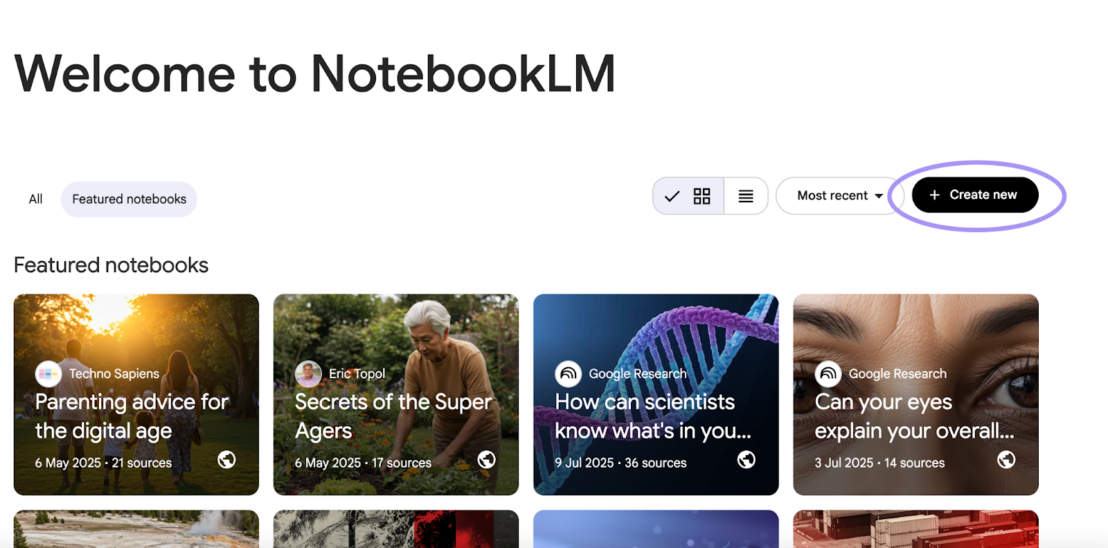 NotebookLM dashboard showing featured notebooks with the “Create new” notebook button highlighted.