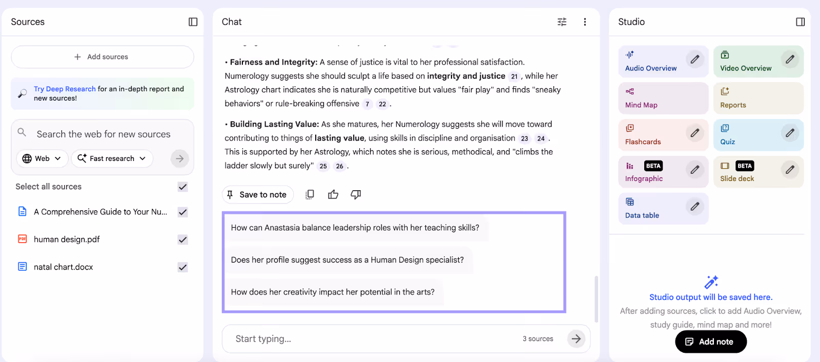 NotebookLM interface showing AI-suggested follow-up questions.