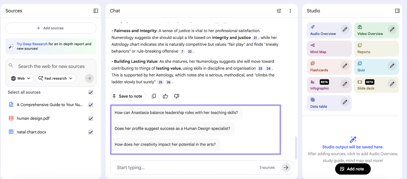 NotebookLM interface showing AI-suggested follow-up questions.