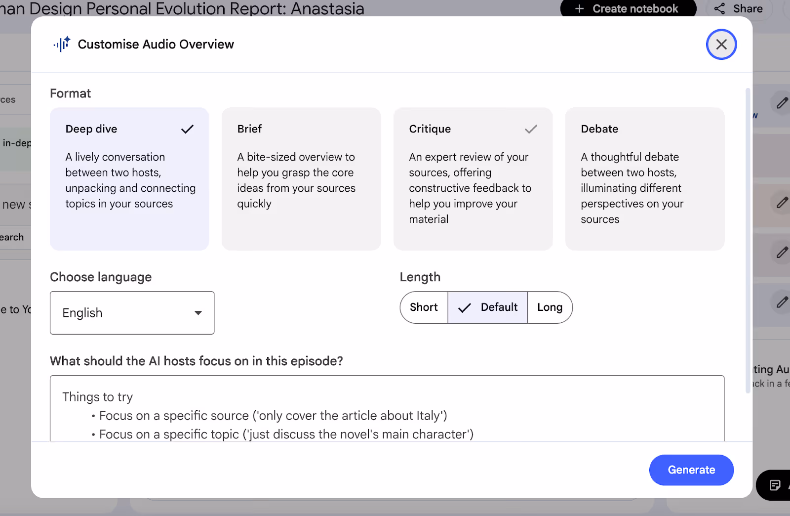 NotebookLM “Customise Audio Overview” settings screen.