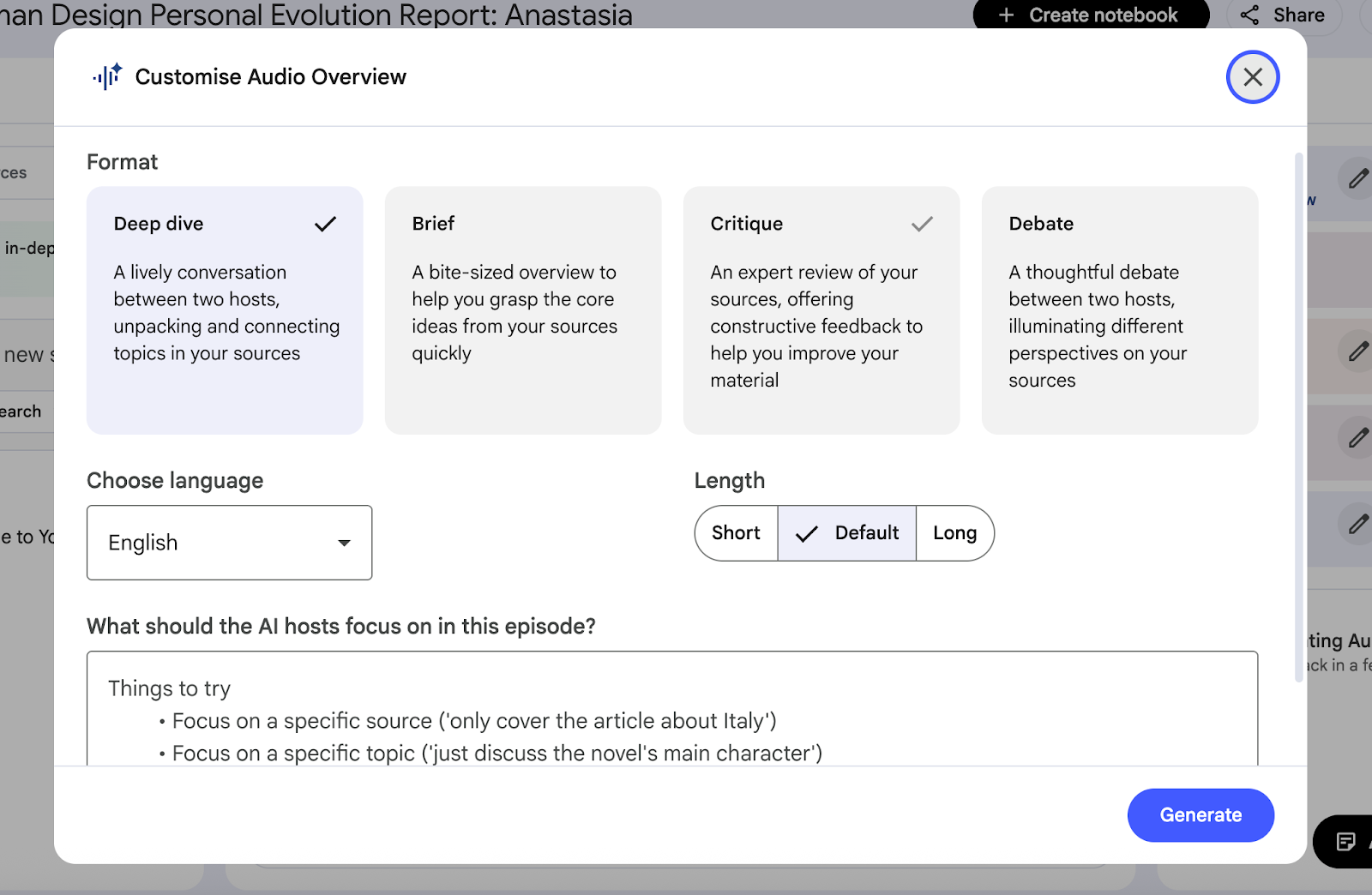 NotebookLM “Customise Audio Overview” settings screen.