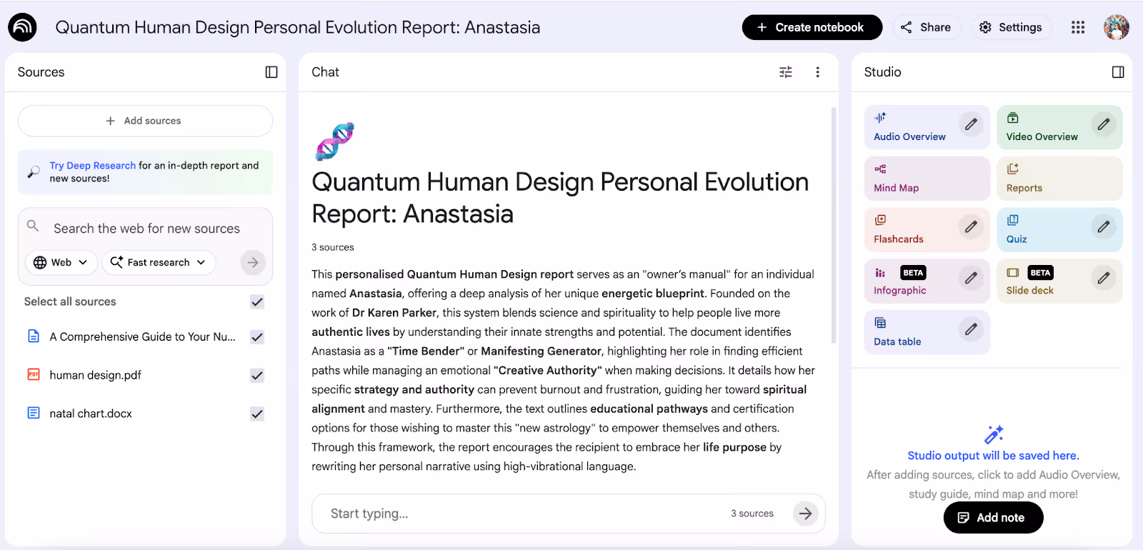 NotebookLM dashboard displaying sources, AI chat, and Studio features.