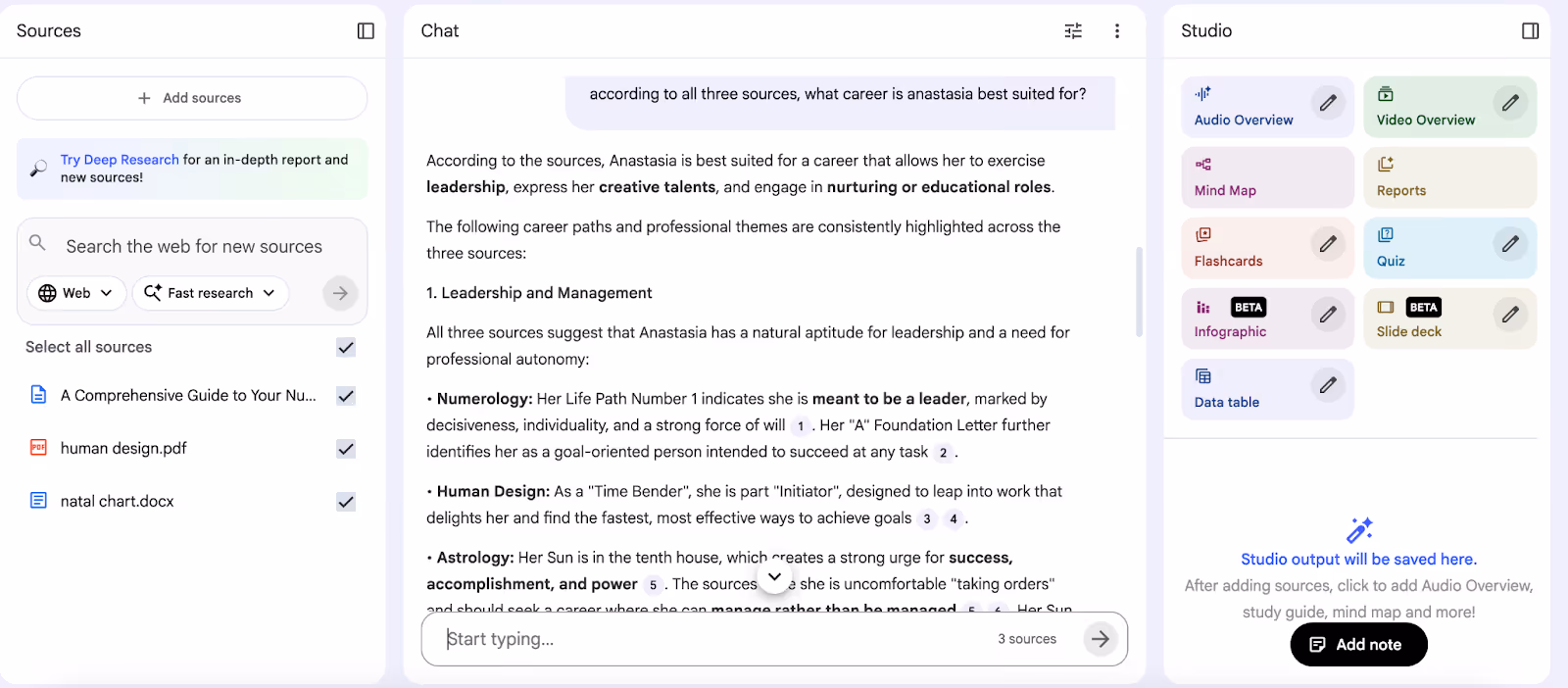 NotebookLM displaying a user question in the chat and an AI-generated answer.