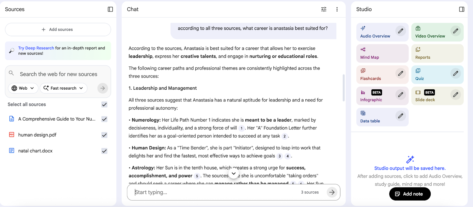 NotebookLM displaying a user question in the chat and an AI-generated answer.