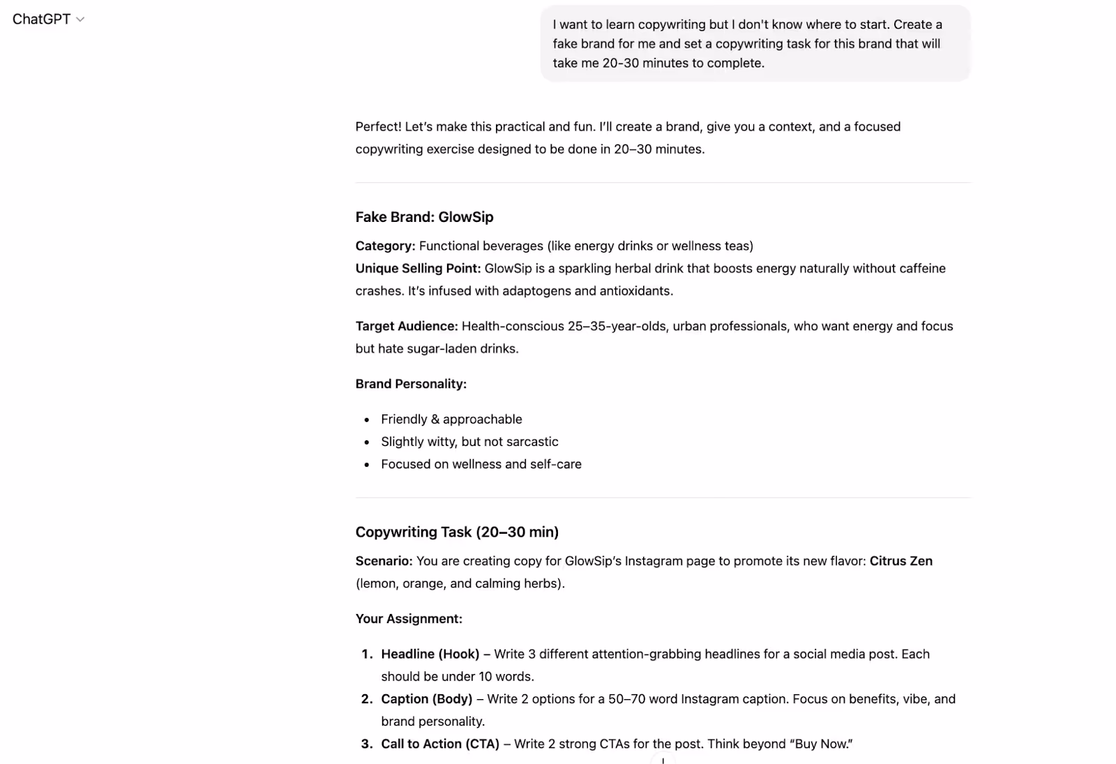 ChatGPT-generated fake brand and copywriting task. 