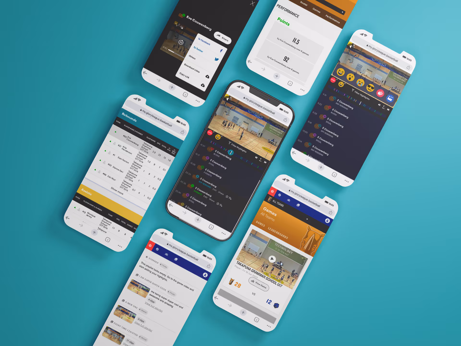 Glory League on mobile showing basketball highlight reels and player stats