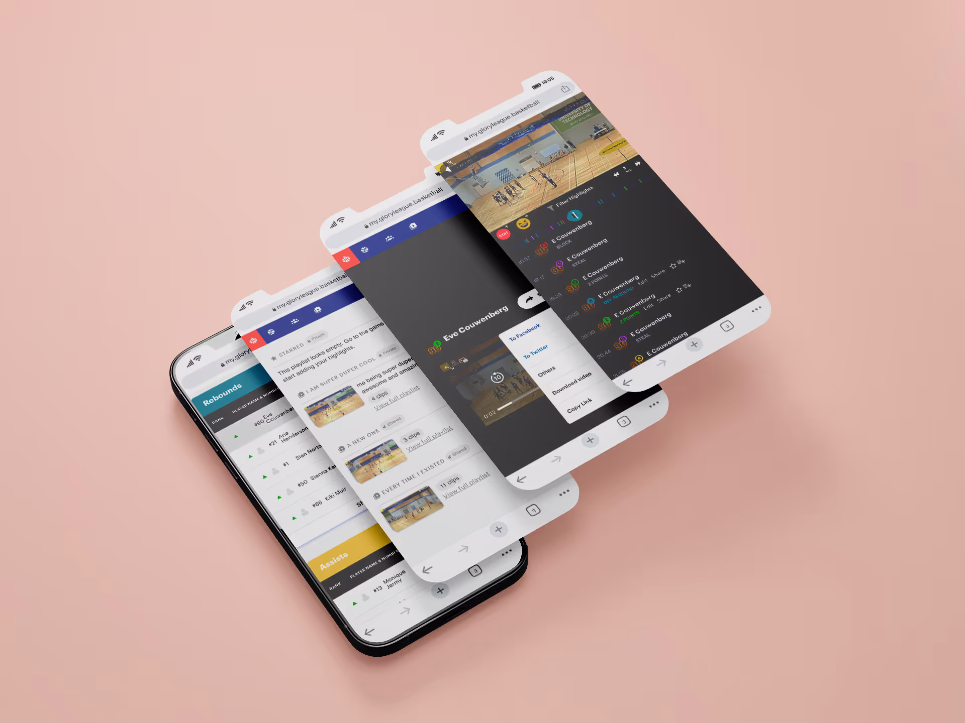 Glory League on mobile showing basketball highlight reels and player stats