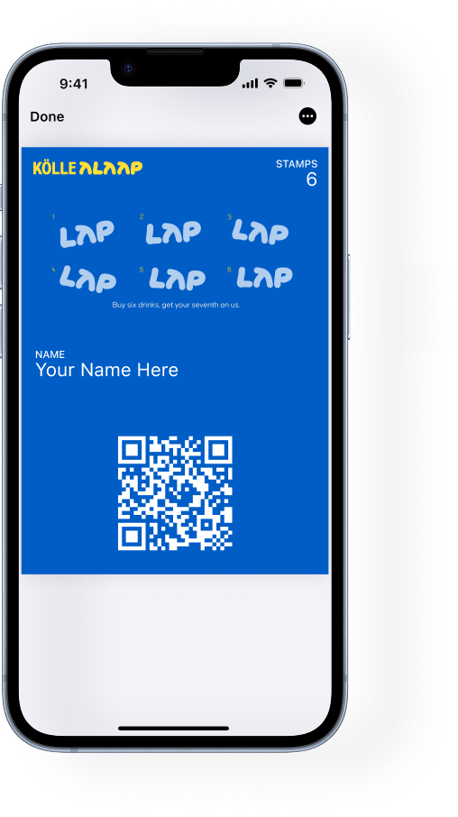 Phone showing your digital stamp card with QR code