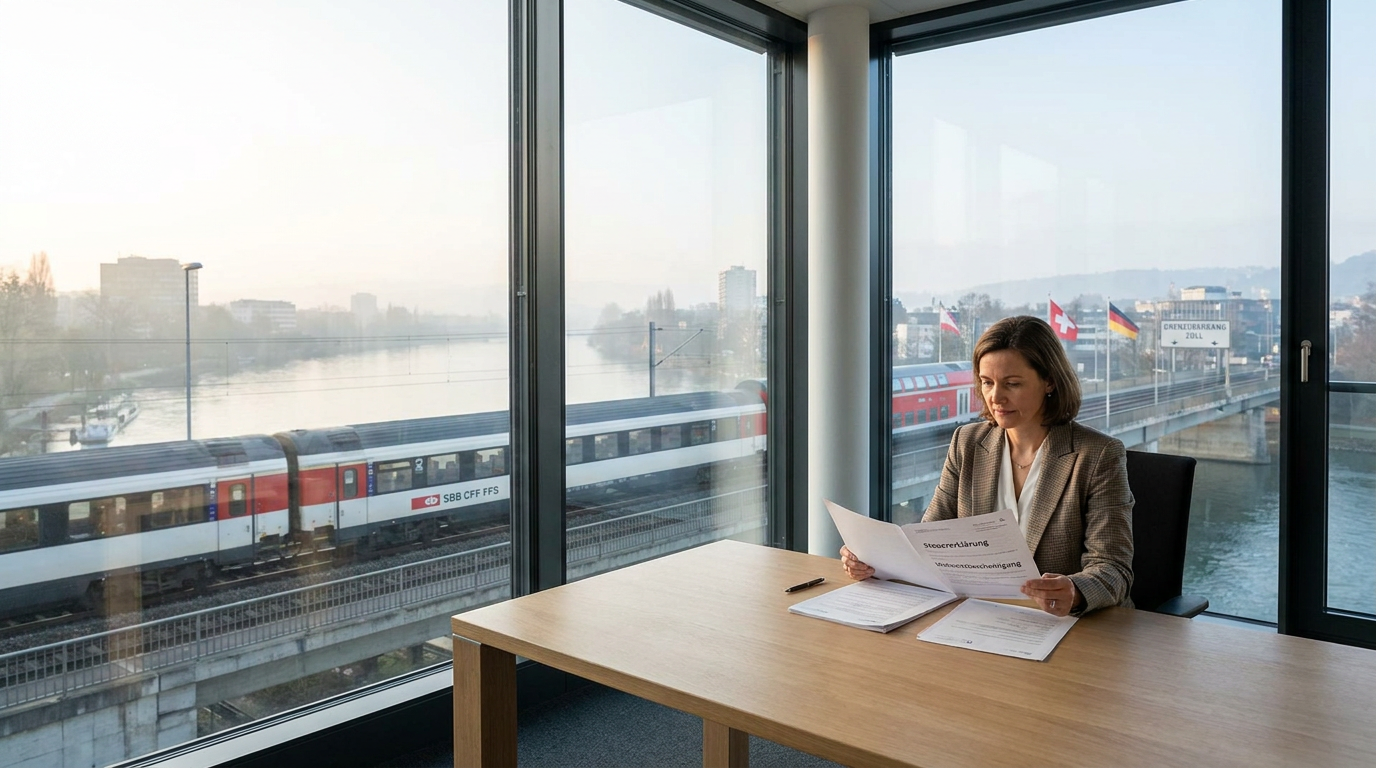 Business professional reviewing tax forms at a bright office desk near a Swiss-German border crossing, with trains, flags and morning commuters outside.