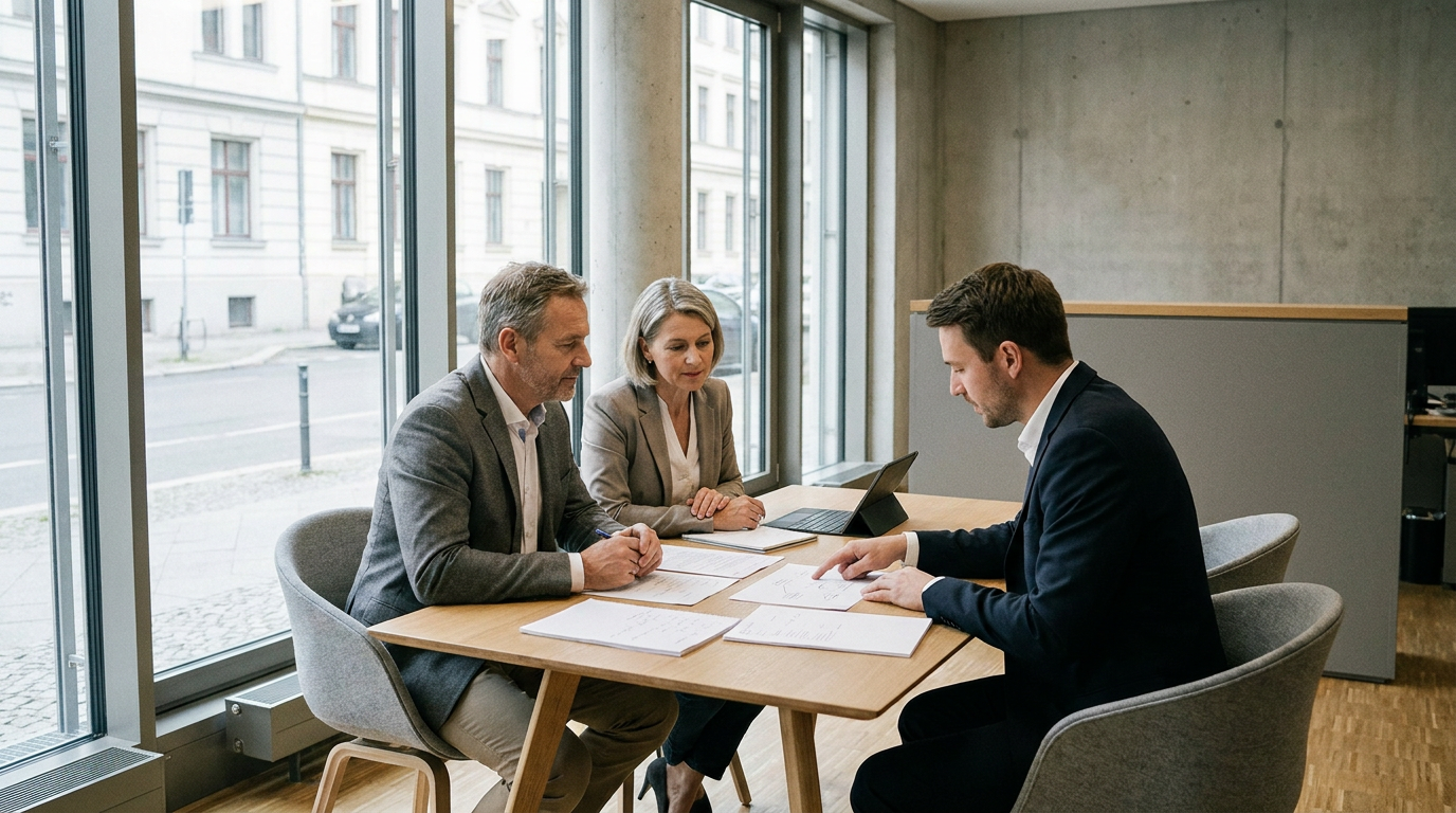 Vermögendes Paar bespricht mit Steuerberater Unterlagen und Zahlen in einem modernen deutschen Büro bei natürlichem Tageslicht.