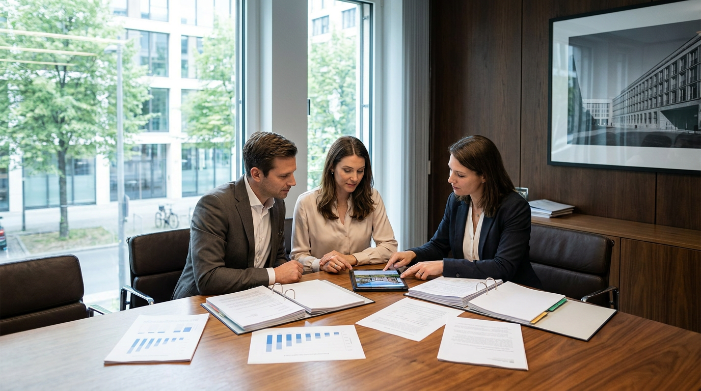 Echtpaar sitzt mit Berater in modernem Notariat und prüft Unterlagen zu Vermögen und Kosten, bei hellem Tageslicht und ruhiger Business-Atmosphäre.