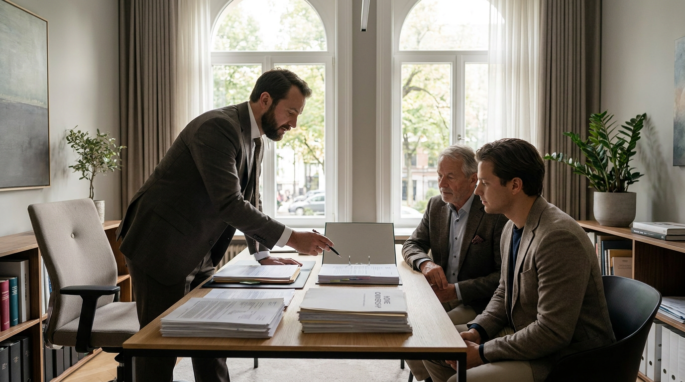 Duitse adviseur bespreekt erfbelasting voor kinderen met ouder en volwassen dochter aan een moderne tafel, met documenten en zacht daglicht.