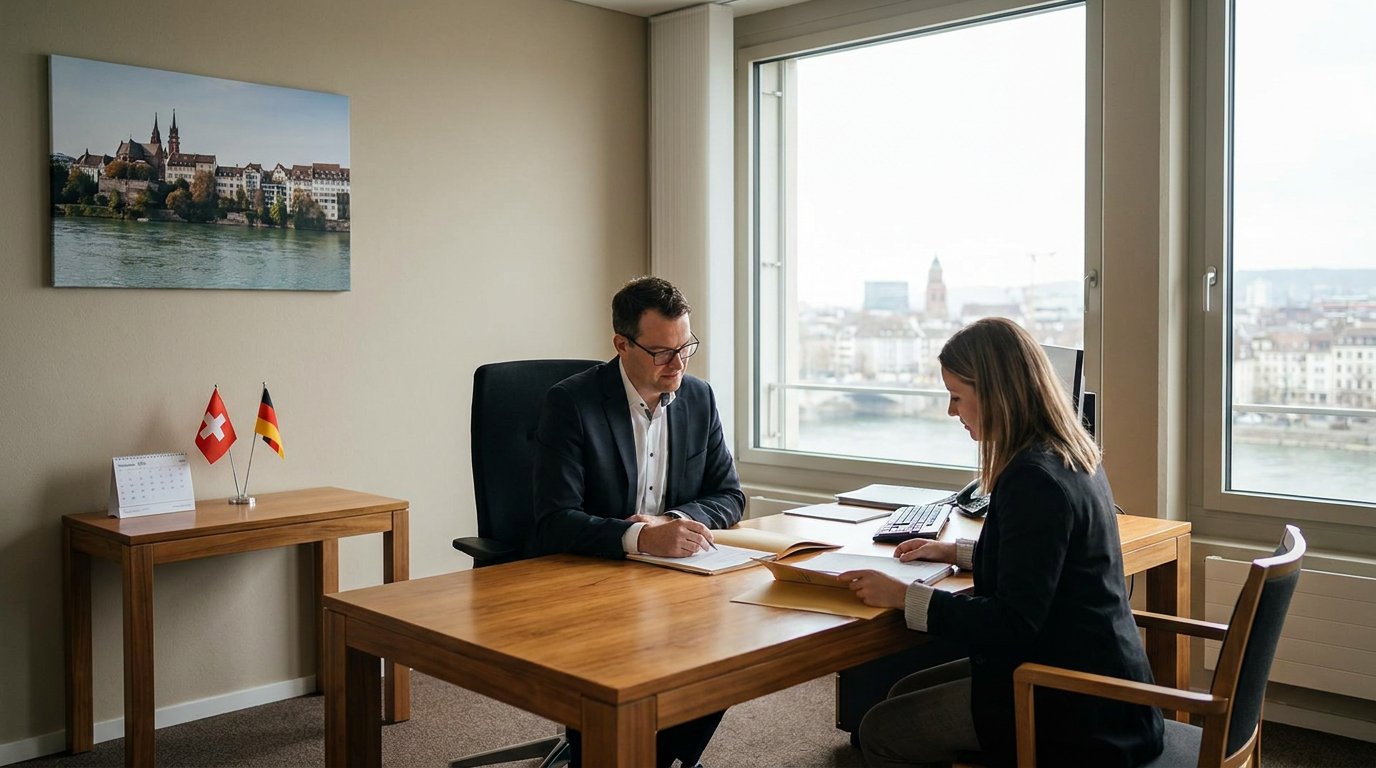 Steuerberaterin erklärt einem Grenzgänger an einem Schreibtisch Unterlagen zu Schweiz und Deutschland, mit Stadtblick und ruhiger Büroatmosphäre.