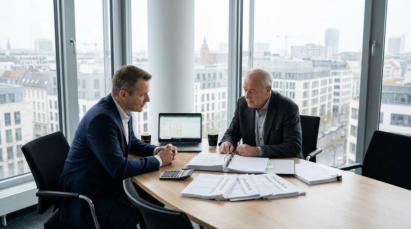 Unternehmer und Steuerberater prüfen Unterlagen zur Wegzugsbesteuerung an einem modernen Konferenztisch, mit Stadtblick und ruhiger Tageslichtstimmung.