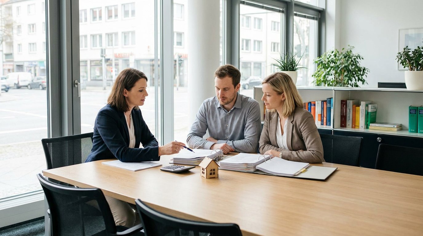 Beraterin erklärt einem erwachsenen Geschwisterpaar an einem hellen Tisch Unterlagen zu Erbschaftsteuer, daneben liegt ein Hausmodell.