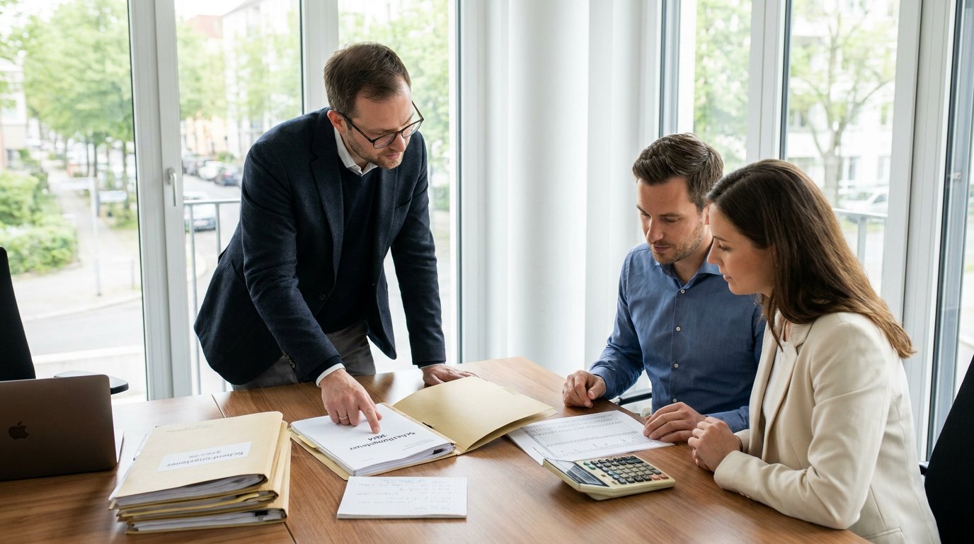 Steuerberater erklärt einem Ehepaar in modernem Büro Unterlagen zur Schenkungsteuer, mit Rechner, Notizen und ruhiger Tageslichtstimmung.