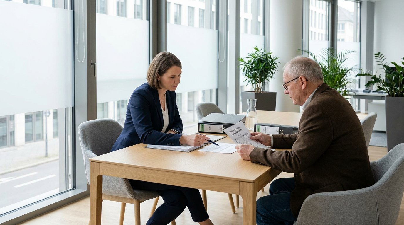 Steuerberaterin erklärt in modernem Besprechungsraum eine Übersicht zu Erbschaftssteuer-Steuerklassen, während ein Mandant Unterlagen prüft.