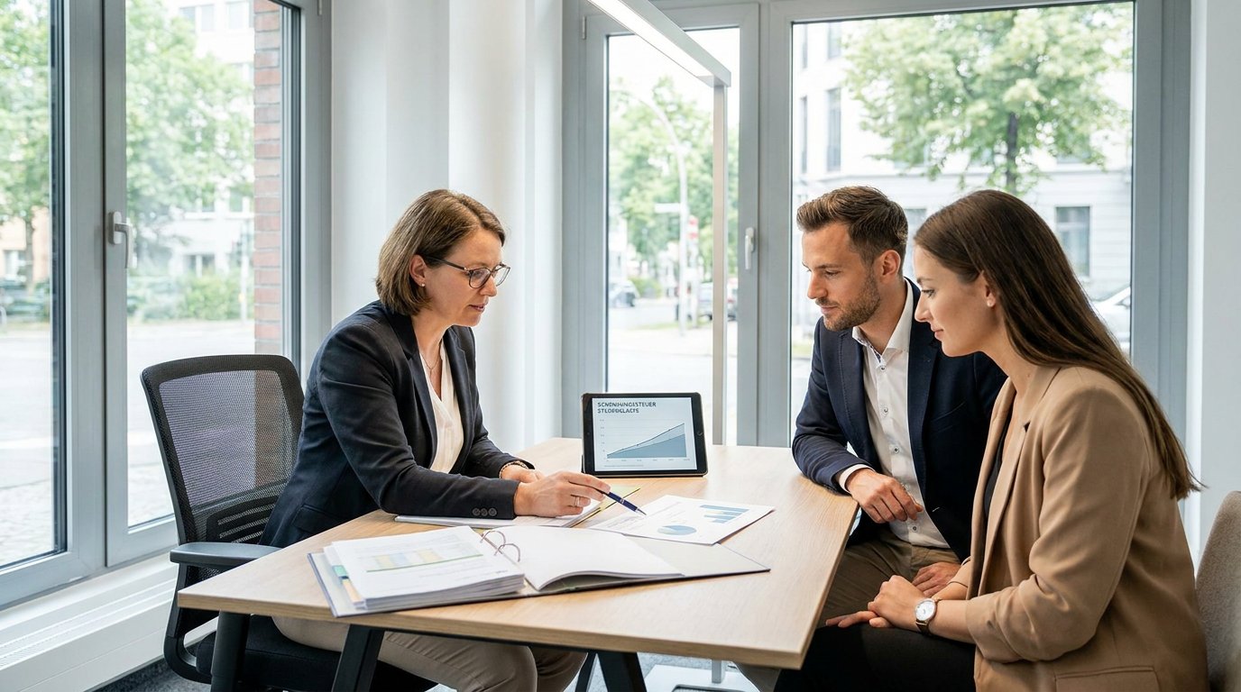 Steuerberater erklärt einem Paar in modernem Büro in Deutschland Unterlagen zu Steuerklassen und Freibeträgen bei einer Schenkung.
