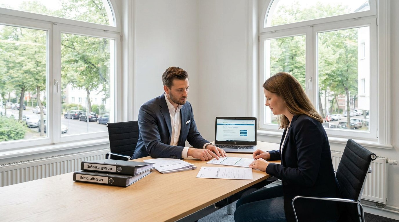 Ordentliche Schenkungsteuer-Unterlagen liegen auf einem modernen Schreibtisch, während ein Berater Formulare prüft in hellem Kanzleilicht.