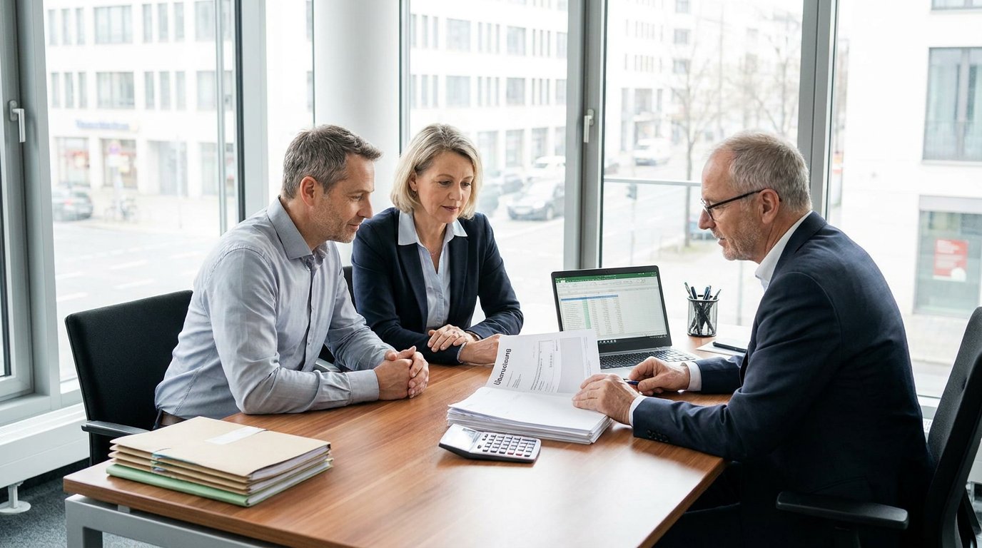 Paar und Steuerberater prüfen in modernem Büro Unterlagen zu steuerfreien Geldschenkungen, mit Überweisungsbeleg, Rechner und ruhiger Tageslichtstimmung.