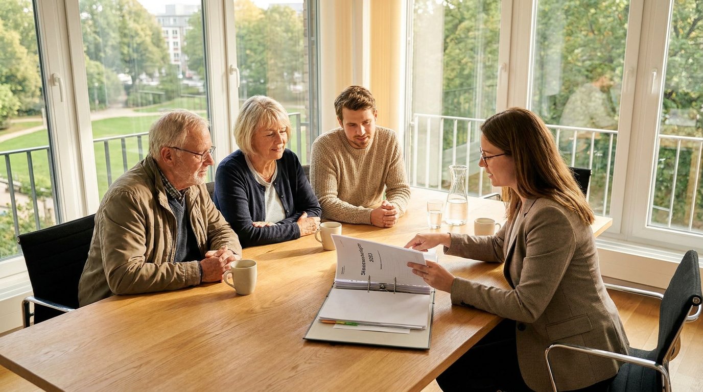 Großeltern sitzen mit ihrem erwachsenen Enkel und einem Steuerberater an einem hellen Tisch, prüfen Unterlagen zu Freibetrag und Vermögensübertragung.