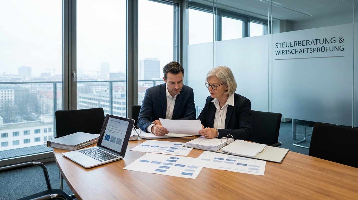 Unternehmer und Steuerberater prüfen in einem modernen Besprechungsraum Unterlagen zu Beteiligungsstruktur und Auslandswegzug, mit Stadtblick im Hintergrund.
